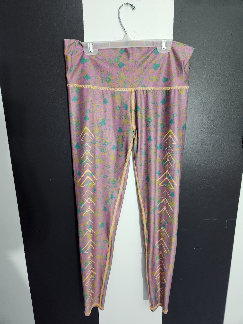 teeki Pink Floral Print High-Waist Leggings with Yellow Chevron Accents